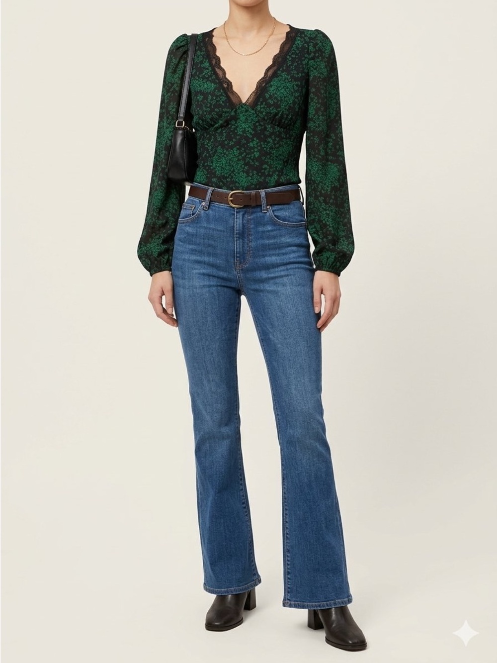 New Look Black & Green Floral V-Neck Sweater